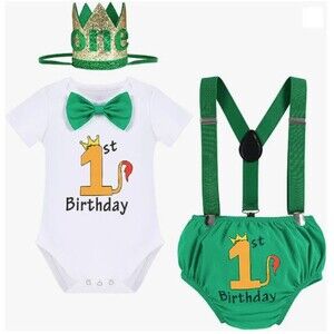 Baby Boys 1st Birthday Green White Cake Smash Photo Prop Outfit, 4PCS, 6-12 mon